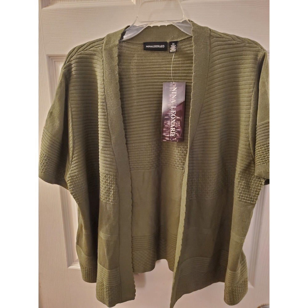 Nina Leonard Cardigan Short Slv Plus Sz 2X Olive textured Open Front work topper